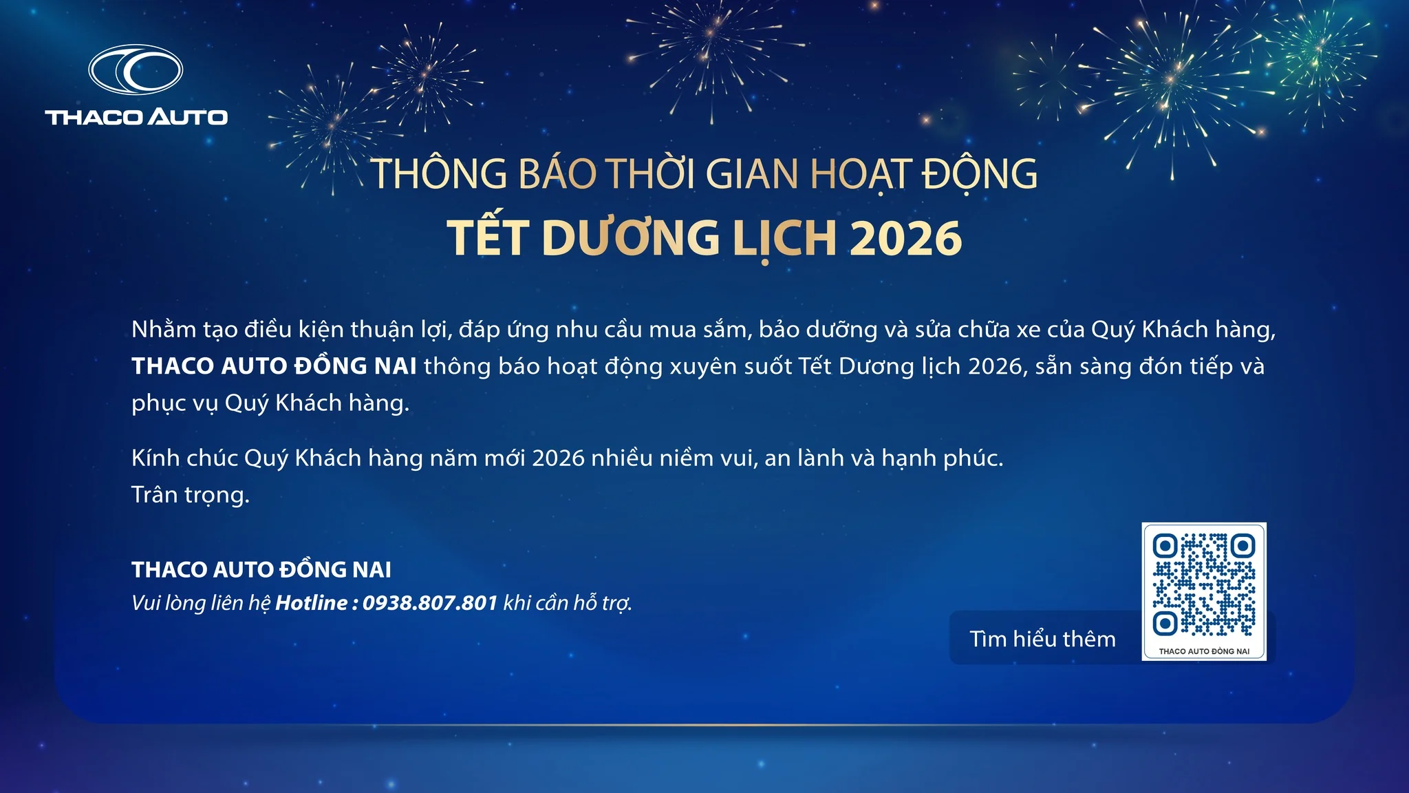 THACO AUTO ĐỒNG NAI THÔNG BÁO LỊCH HOẠT ĐỘNG TRONG DỊP TẾT DƯƠNG LỊCH 2026