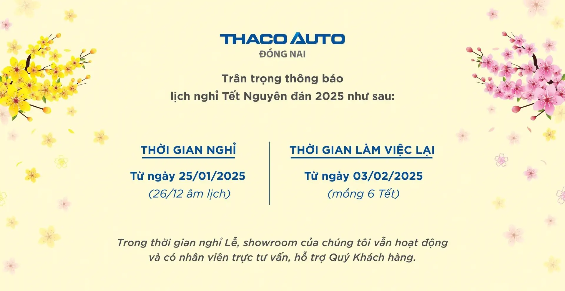 THACO AUTO Đồng Nai trân trọng thông báo lịch nghỉ Tết Nguyên đán 2025